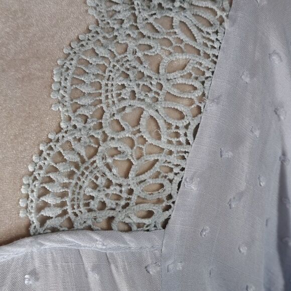 Umgee Women’s Top Powder Blue Swiss Dot Square Neckline Lace Detail Tassels Med - Picture 2 of 15